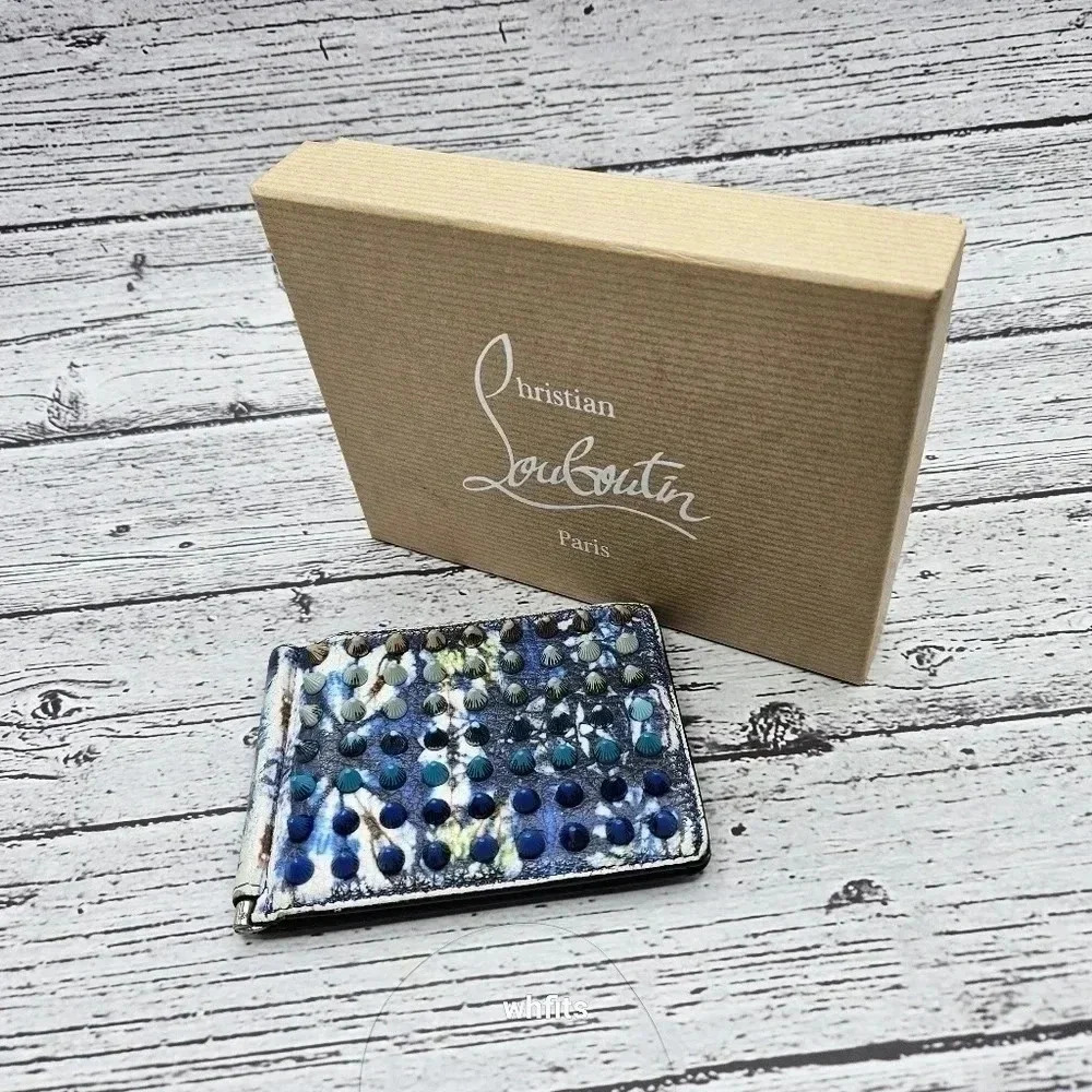Christian Louboutin Bifold Money Clip Wallet Blue White Leather Studs with Box - Picture 1 of 8
